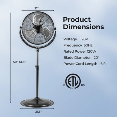 Tangkula 20" High Velocity Pedestal Fan W/3 Speeds 360 Degree Tilt & Adjustable Height 8 Tangkula 20" High Velocity Pedestal Fan W/3 Speeds 360 Degree Tilt & Adjustable Height - Image 8
