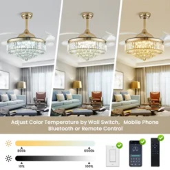 Ludomide Modern Crystal Ceiling Fan Light, Dimmable Gold Retractable Fandelier For Bedroom Living Room 36" -Lasko Sale Store GUEST 0f369f25 0c41 44ea a431 604e9c812059