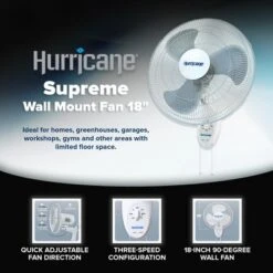 Hurricane Supreme 18 Inch 90 Degree Oscillating Indoor Wall Mounted 3 Speed Fan With Adjustable Tilt And Pull Chain Control, White (2 Pack)