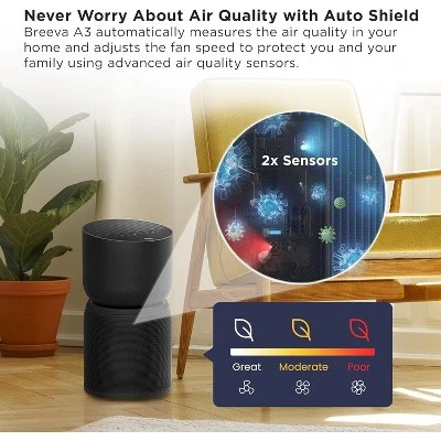 TCL Breeva A3 Smart Air Purifier, Up To 1230 Sq. Ft., 5-Stage Filtration System, True HEPA (H13) Black, A315B 3 TCL Breeva A3 Smart Air Purifier, Up To 1230 Sq. Ft., 5-Stage Filtration System, True HEPA (H13) Black, A315B - Image 3