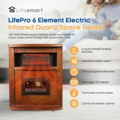 LifeSmart LifePro 1500 Watt Portable Electric Infrared Quartz Space Heater For Indoor Use With 6 Heating Elements, Wheels, And Remote, Brown Oak Wood