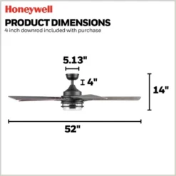 Honeywell Myers Park 52" Ceiling Fan, Contemporary Indoor Fan With LED Light, Dual Mounting Options, Remote, & 5 Reversible Blades, Matte Black