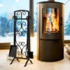 Tangkula 5 Piece Fireplace Tools Wrought Iron Firewood Toolset With Decoration Holder Black