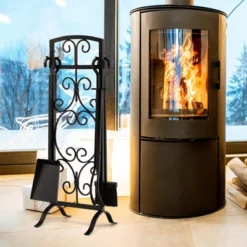 Tangkula 5 Piece Fireplace Tools Wrought Iron Firewood Toolset With Decoration Holder Black