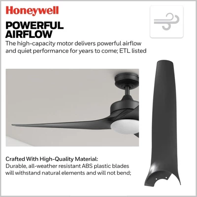 Honeywell Lynton 52" Ceiling Fan, Contemporary Indoor Or Outdoor Fan With LED Light, Dual Mounting Options, Remote, & 3 Reversible Blades, Matte Black 4 Honeywell Lynton 52" Ceiling Fan, Contemporary Indoor Or Outdoor Fan With LED Light, Dual Mounting Options, Remote, & 3 Reversible Blades, Matte Black - Image 4