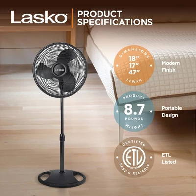 Lasko 16-inch 3-Speed Oscillating Floor Fan With Adjustable Height, Tilt-Back Head, Widespread Oscillation, And Patented Blue Plug Safety Fuse, Black 2 Lasko 16-inch 3-Speed Oscillating Floor Fan With Adjustable Height, Tilt-Back Head, Widespread Oscillation, And Patented Blue Plug Safety Fuse, Black - Image 2