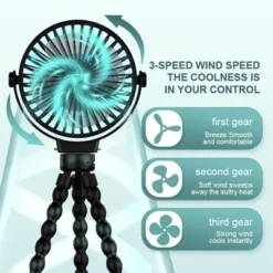 Link Portable Battery Operated Stroller Fan 3 Speeds Hanging Loop Personal 720° Fan Detachable Tripod Stand Great For Home Office Dorms & More - Black