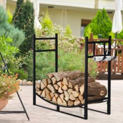 Tangkula 33" Firewood Rack With Kindling Holder 33" Fireplace Log Holder For Indoor&Outdoor Wood Stacker Lumbar Storage Organizer