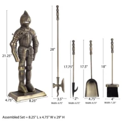 3-Piece Fireplace Tool Set- Medieval Knight Cast Iron Statue Holds Heavy Duty Essential Tools - Includes Shovel, Broom & Poker By Lavish Home