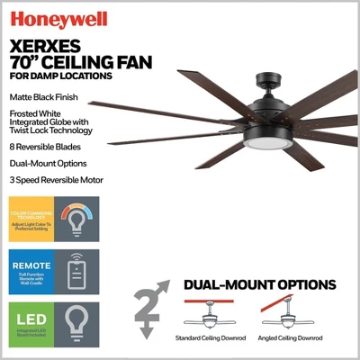 Honeywell Xerxes 70" Ceiling Fan, Contemporary Indoor Ceiling Fan With LED Light, Dual Mounting Options, Remote, & 8 Reversible Blades, Black 2 Honeywell Xerxes 70" Ceiling Fan, Contemporary Indoor Ceiling Fan With LED Light, Dual Mounting Options, Remote, & 8 Reversible Blades, Black - Image 2