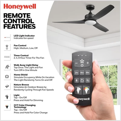Honeywell Lynton 52" Ceiling Fan, Contemporary Indoor Or Outdoor Fan With LED Light, Dual Mounting Options, Remote, & 3 Reversible Blades, Matte Black 5 Honeywell Lynton 52" Ceiling Fan, Contemporary Indoor Or Outdoor Fan With LED Light, Dual Mounting Options, Remote, & 3 Reversible Blades, Matte Black - Image 5