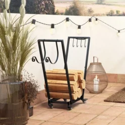 Outsunny Firewood Rack With Wheels, Metal Log Rack With Kindling And Tool Hooks, Indoor/Outdoor Wood Storage Organizer, 31.1" X 11.8" X 31.9", Black -Lasko Sale Store GUEST 65d50236 4855 4217 9e5f 9e43bae76090