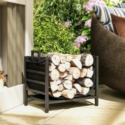 Outsunny Firewood Rack With Log Carrier, Heavy Duty Wood Storage Rack With Handles, Indoor Outdoor Log Holder, 19.3" X 13.4" X 17.3", Black