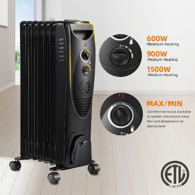 R.W.FLAME Oil Filled Radiator Heater, Adjustable Thermostat, 3 Heat Settings, Portable Quiet Heater With Tip-over & Overheating Functions, BLACK 3 R.W.FLAME Oil Filled Radiator Heater, Adjustable Thermostat, 3 Heat Settings, Portable Quiet Heater With Tip-over & Overheating Functions, BLACK - Image 3
