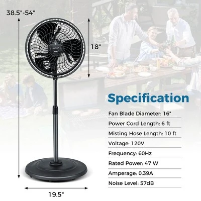 Costway 16" Oscillating Fan Misting Pedestal Fan With Hose Connector 3 Micro-Mist Levels Black 2 Costway 16" Oscillating Fan Misting Pedestal Fan With Hose Connector 3 Micro-Mist Levels Black - Image 2