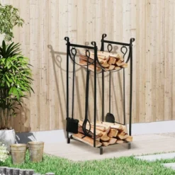OUTSUNNY HOMCOM 30.25" 2-Tier Firewood Rack, Indoor Outdoor Wood Holder With Tools For Fireplace, Wood Stove, Fire Pit, Poker, Tongs, Broom, Shovel, Black