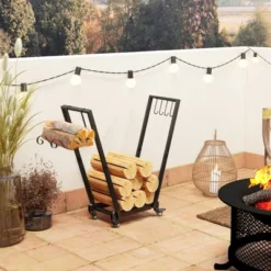 Outsunny Firewood Rack With Wheels, Metal Log Rack With Kindling And Tool Hooks, Indoor/Outdoor Wood Storage Organizer, 31.1" X 11.8" X 31.9", Black