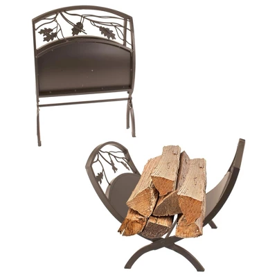 Panacea Colonial Compact Foldable Open Top Powder-coated Steel Oak Leaf Design Log Bin With Pan For Firewood Organization, Brown 3 Panacea Colonial Compact Foldable Open Top Powder-coated Steel Oak Leaf Design Log Bin With Pan For Firewood Organization, Brown - Image 3