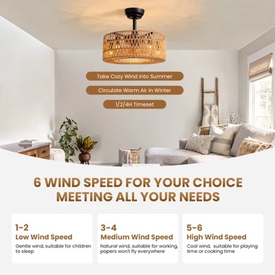 Ludomide Boho Caged Ceiling Fan, 18" Woven Rattan Ceiling Fan With Lights, Farmhouse Low Profile Fandelier For Bedroom Kitchen Living Room 7 Ludomide Boho Caged Ceiling Fan, 18" Woven Rattan Ceiling Fan With Lights, Farmhouse Low Profile Fandelier For Bedroom Kitchen Living Room - Image 7