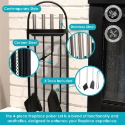Sunnydaze Decor Sunnydaze 4pc Fireplace Tool Set With Mesh Shroud Holder - Black