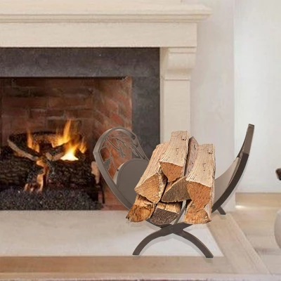 Panacea Colonial Compact Foldable Open Top Powder-coated Steel Oak Leaf Design Log Bin With Pan For Firewood Organization, Brown 2 Panacea Colonial Compact Foldable Open Top Powder-coated Steel Oak Leaf Design Log Bin With Pan For Firewood Organization, Brown - Image 2