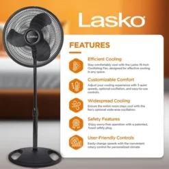 Lasko 16-inch 3-Speed Oscillating Floor Fan With Adjustable Height, Tilt-Back Head, Widespread Oscillation, And Patented Blue Plug Safety Fuse, Black