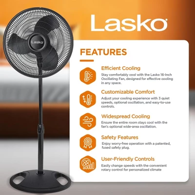 Lasko 16-inch 3-Speed Oscillating Floor Fan With Adjustable Height, Tilt-Back Head, Widespread Oscillation, And Patented Blue Plug Safety Fuse, Black 1 Lasko 16-inch 3-Speed Oscillating Floor Fan With Adjustable Height, Tilt-Back Head, Widespread Oscillation, And Patented Blue Plug Safety Fuse, Black