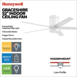 Honeywell Graceshire 52 Inch Indoor Modern Ceiling Fan With LED Light, Remote Control, 5 Blade Airflow Fixture, Adjustable Temp, White