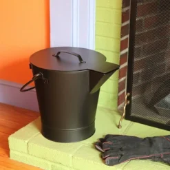 ACHLA Designs 13" Versatile Round Steel Ash Bucket & Cover Black