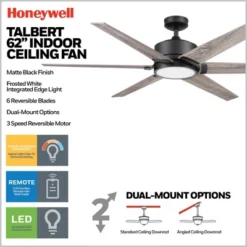 Honeywell Ceiling Fans Talbert 62 Inch Ceiling Fan With Color Changing LED Light And Remote Control, Indoor Fan, 6 Contemporary Blades, Matte Black