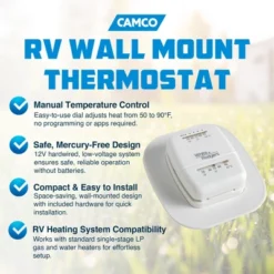 Camco RV Home Thermostat System, Wall Mounted Dial Device To Control Temperature For RV, Camper, And Trailer, Heat Only, White