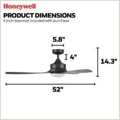 Honeywell Lynton 52" Ceiling Fan, Contemporary Indoor Or Outdoor Fan With LED Light, Dual Mounting Options, Remote, & 3 Reversible Blades, Matte Black