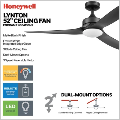 Honeywell Lynton 52" Ceiling Fan, Contemporary Indoor Or Outdoor Fan With LED Light, Dual Mounting Options, Remote, & 3 Reversible Blades, Matte Black 2 Honeywell Lynton 52" Ceiling Fan, Contemporary Indoor Or Outdoor Fan With LED Light, Dual Mounting Options, Remote, & 3 Reversible Blades, Matte Black - Image 2