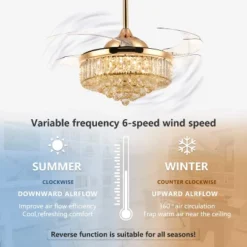 Ludomide Modern Crystal Ceiling Fan Light, Dimmable Gold Retractable Fandelier For Bedroom Living Room 36"