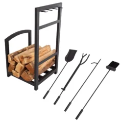 Hastings Home 5-Piece Modern Fireplace Tool Set And Log Rack (Matte Black)