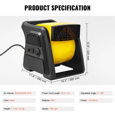 VEVOR Pivoting Utility Fan, 600 CFM High Velocity Floor Blower For Drying, Cooling, Ventilating, Exhausting, 300° Blowing Angle Air Mover 7 VEVOR Pivoting Utility Fan, 600 CFM High Velocity Floor Blower For Drying, Cooling, Ventilating, Exhausting, 300° Blowing Angle Air Mover - Image 7
